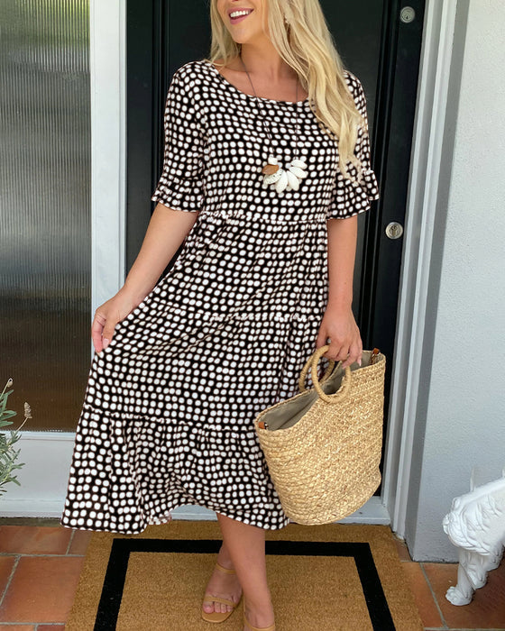 🎁Round Neck Polka Dot Print Midi Dress