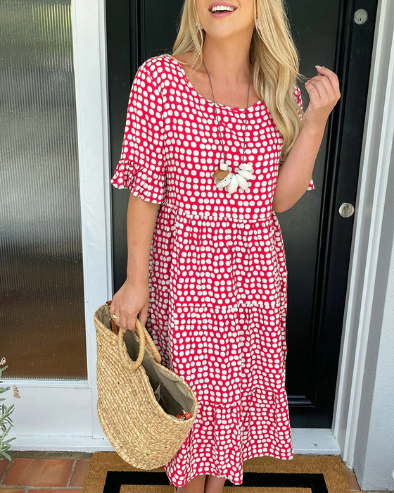 🎁Round Neck Polka Dot Print Midi Dress