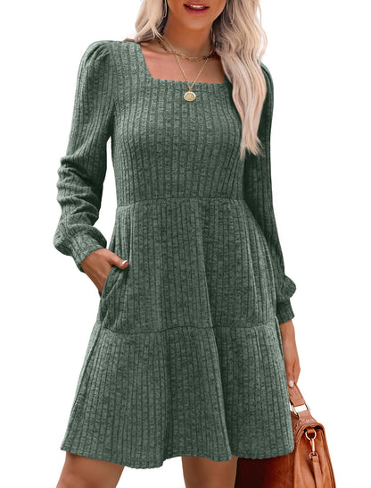 🍂2025 Autumn New Style⏰Women's Square Neck Lantern Sleeve Ribbed Dress