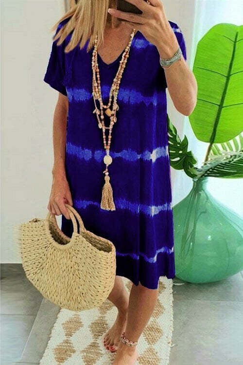 ✨Tie-Dye Striped Short Sleeve T-Shirt Dress – Soft & flowy – Perfect for summer, beach or casual days – comfortable and stylish 🌊