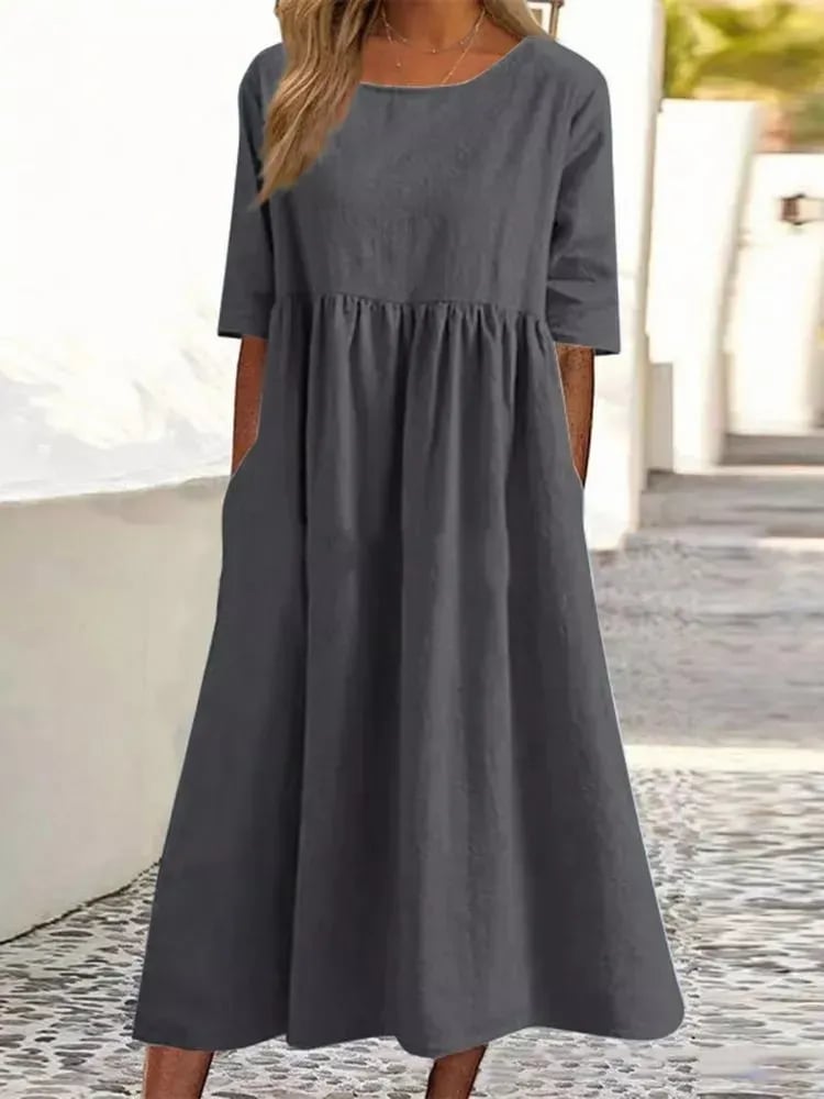 💝2025 NEW SALE💝Women's Casual Basic Outdoor Crew Neck Pocket Smocked Cotton Dress