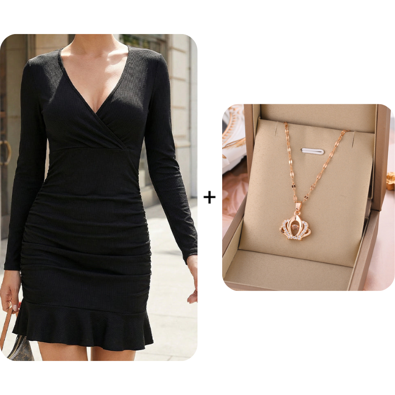 Long Sleeve V-Neck Ruched Bodycon Mini Dress