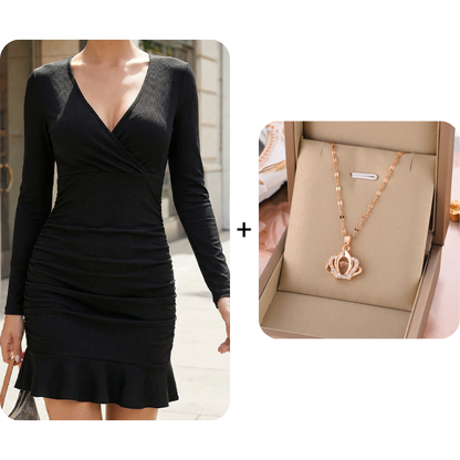 Long Sleeve V-Neck Ruched Bodycon Mini Dress