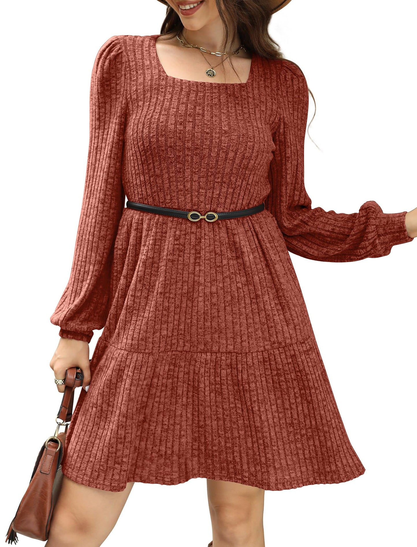 🍂2025 Autumn New Style⏰Women's Square Neck Lantern Sleeve Ribbed Dress
