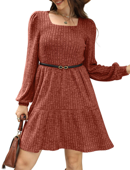 🍂2025 Autumn New Style⏰Women's Square Neck Lantern Sleeve Ribbed Dress