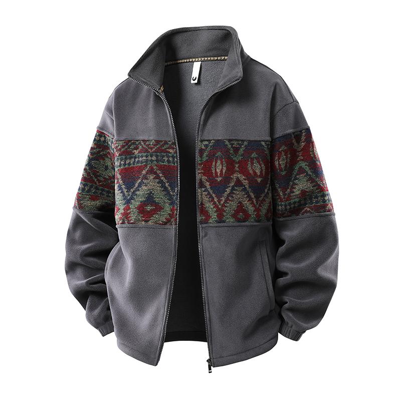 Men's Ethnic Pattern Full-Zip Fleece-Lined Long-Sleeve Menswear Cardigan Sweater Jacket - Stand Collar, Casual Loose Autumn-Winter Christmas Everyday Top
