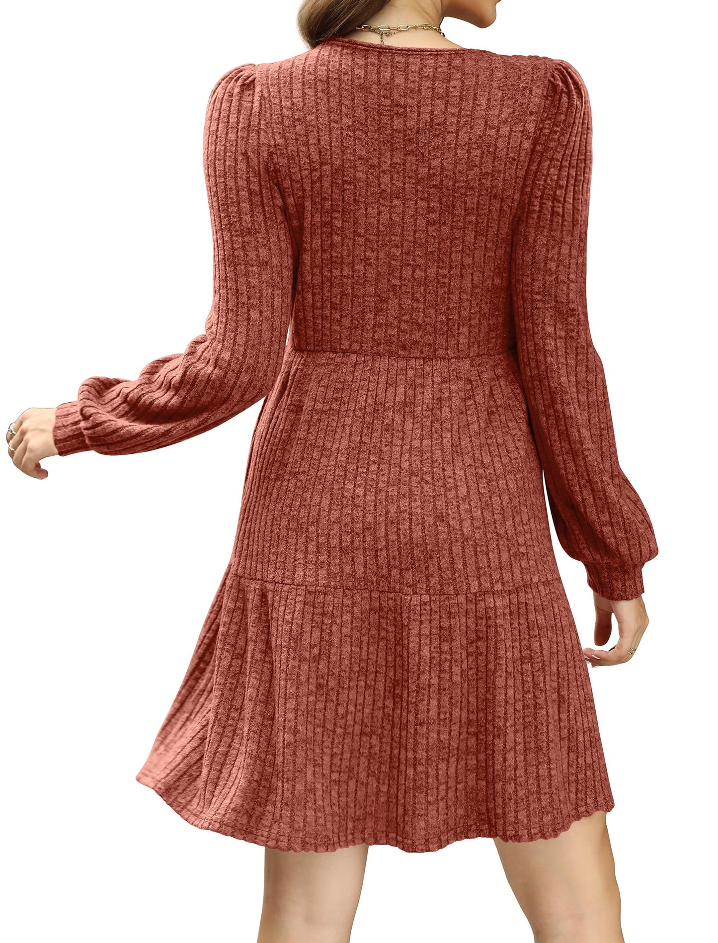 🍂2025 Autumn New Style⏰Women's Square Neck Lantern Sleeve Ribbed Dress