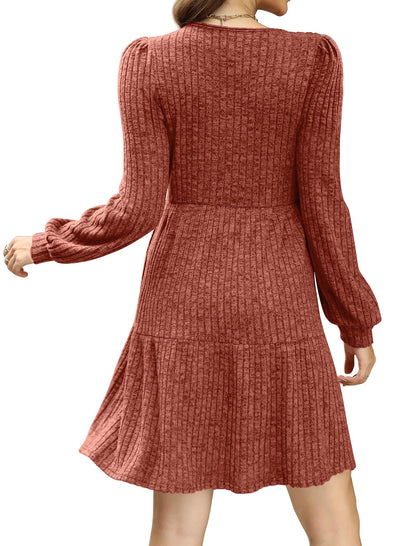 🍂2025 Autumn New Style⏰Women's Square Neck Lantern Sleeve Ribbed Dress