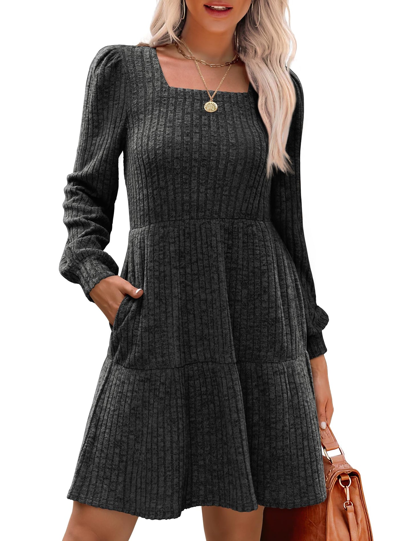 🍂2025 Autumn New Style⏰Women's Square Neck Lantern Sleeve Ribbed Dress