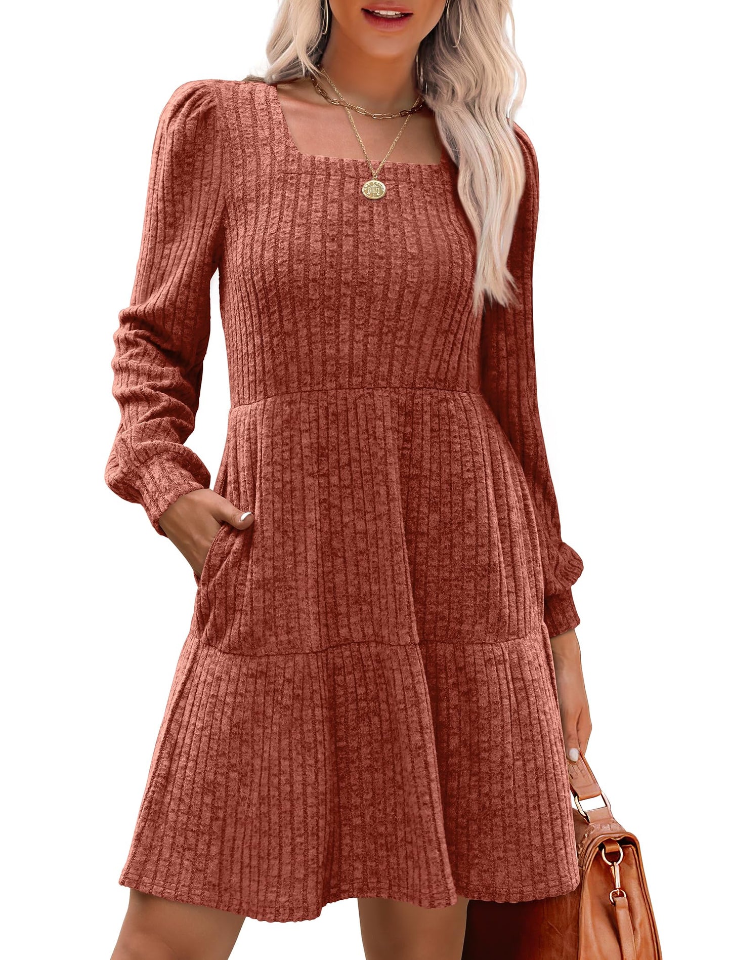 🍂2025 Autumn New Style⏰Women's Square Neck Lantern Sleeve Ribbed Dress