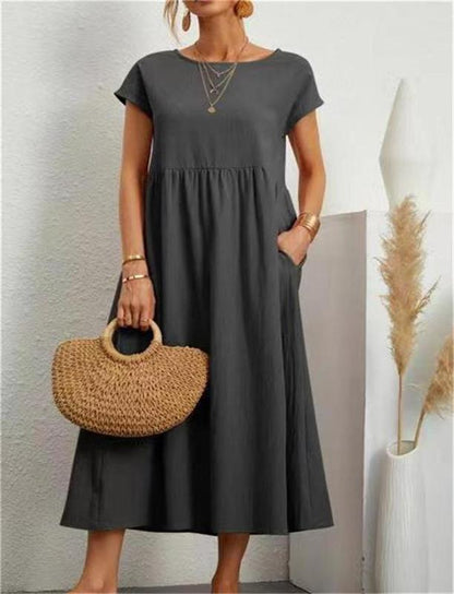 🌸 60% OFF NOW! 🌸Summer Fashion Solid Color Cotton Linen Pocket Dress