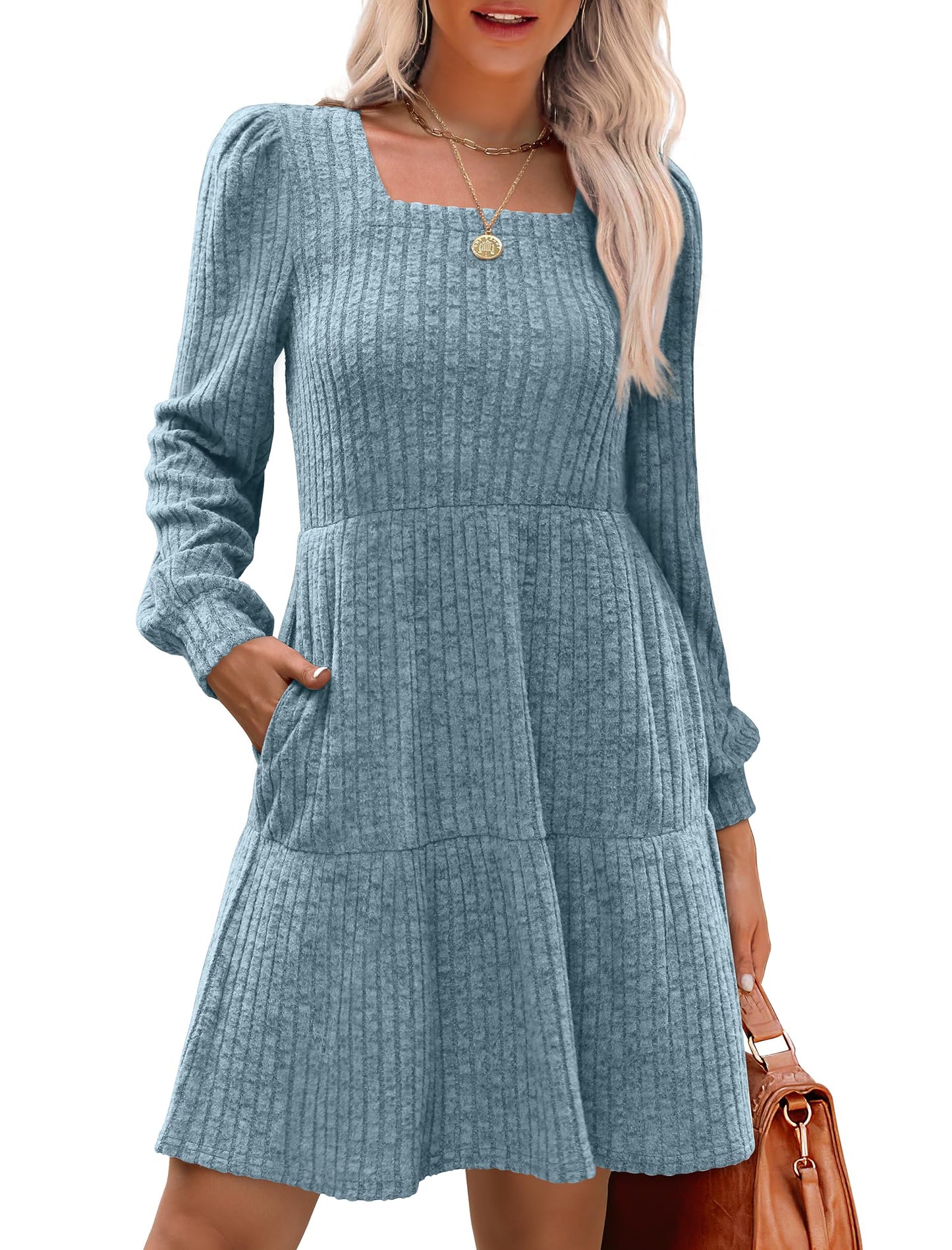 🍂2025 Autumn New Style⏰Women's Square Neck Lantern Sleeve Ribbed Dress
