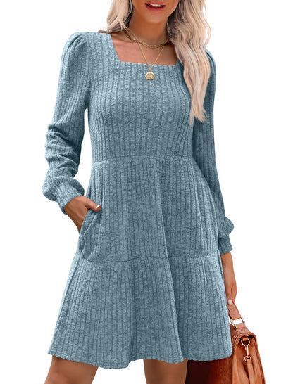 🍂2025 Autumn New Style⏰Women's Square Neck Lantern Sleeve Ribbed Dress