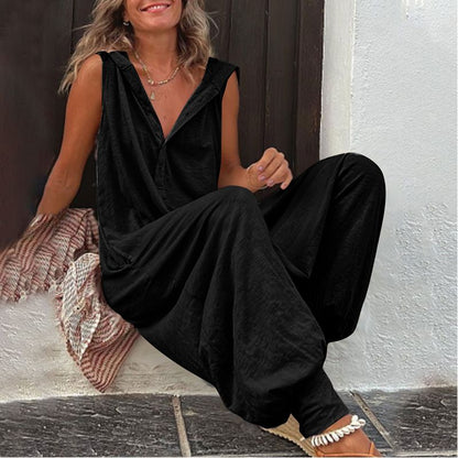 🌸 50% OFF NOW! 🌿 Women's Relaxed Hooded Sleeveless Jumpsuit – Soft fabric, side pockets & flowy fit – Perfect for casual & summer days ☀️