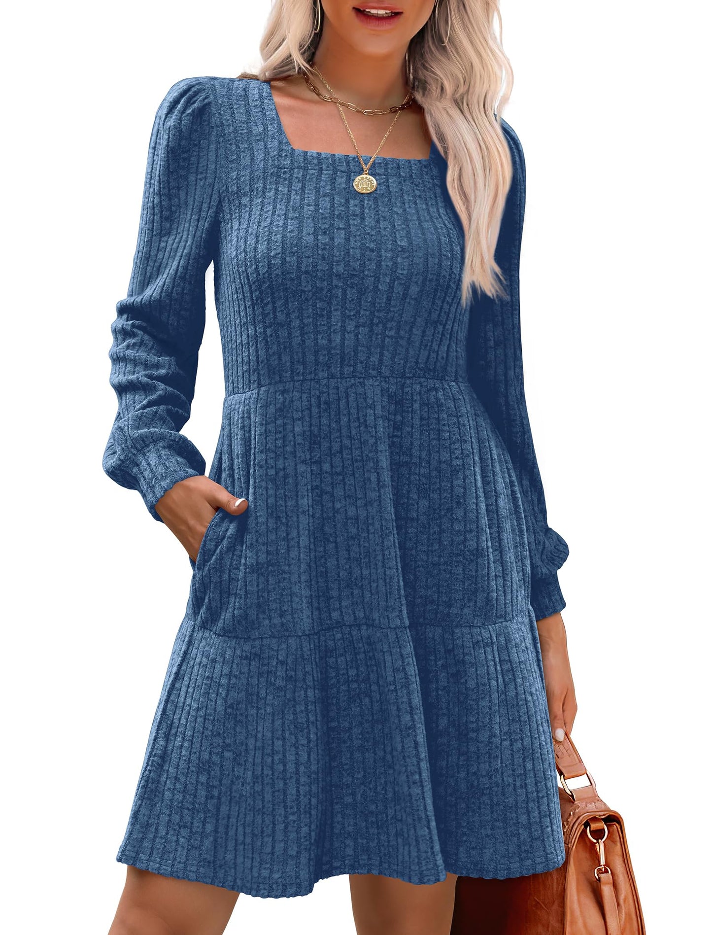 🍂2025 Autumn New Style⏰Women's Square Neck Lantern Sleeve Ribbed Dress