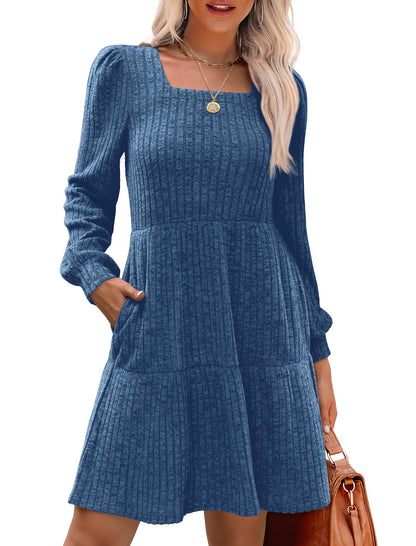 🍂2025 Autumn New Style⏰Women's Square Neck Lantern Sleeve Ribbed Dress