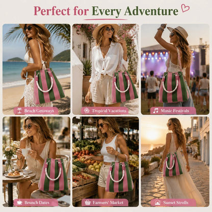 👜 Boho Striped Knit Bucket Handbag for Women – Handmade Summer Beach Shoulder Bag
