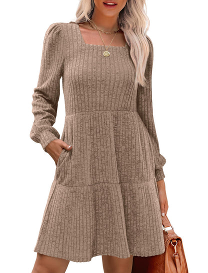 🍂2025 Autumn New Style⏰Women's Square Neck Lantern Sleeve Ribbed Dress