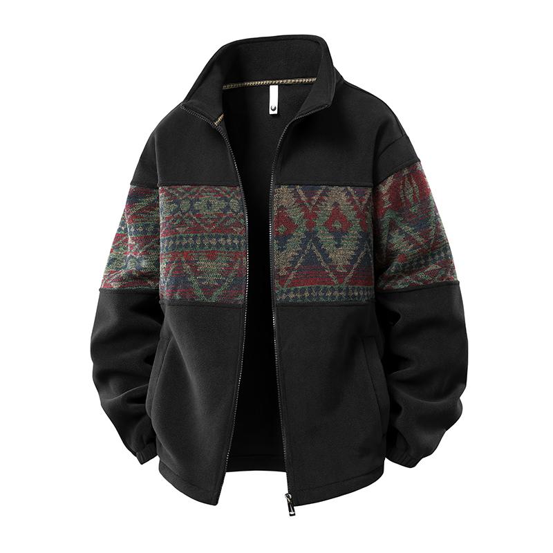 Men's Ethnic Pattern Full-Zip Fleece-Lined Long-Sleeve Menswear Cardigan Sweater Jacket - Stand Collar, Casual Loose Autumn-Winter Christmas Everyday Top