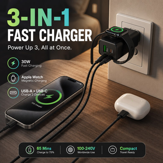 🎉 2026 Sale!🔌3-in-1 Wireless Wall Charger for Watch – 30W Fast Charge & Magnetic Dock ⚡