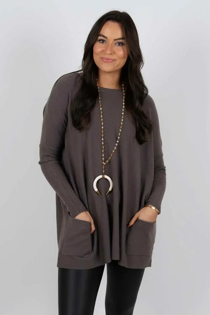 💞 Women's Round Neck Long Sleeve Loose Pocket T-Shirt