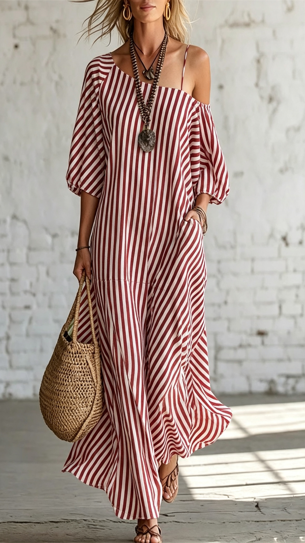 ☀️Women's One-Shoulder Striped Maxi Dress – Flowy Puff Sleeve Style With Effortless Summer Elegance 🌿
