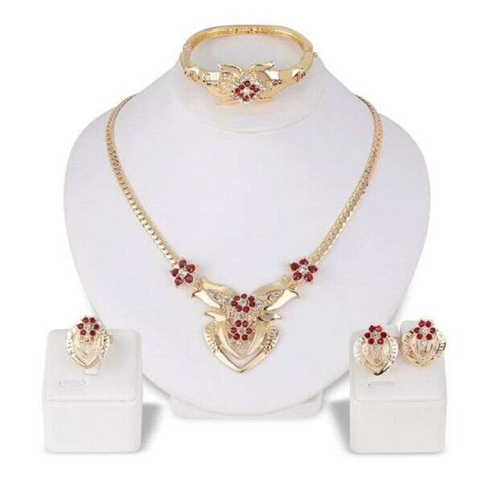 Elegant Ladies Red Flower Rhinestone Jewelry Set