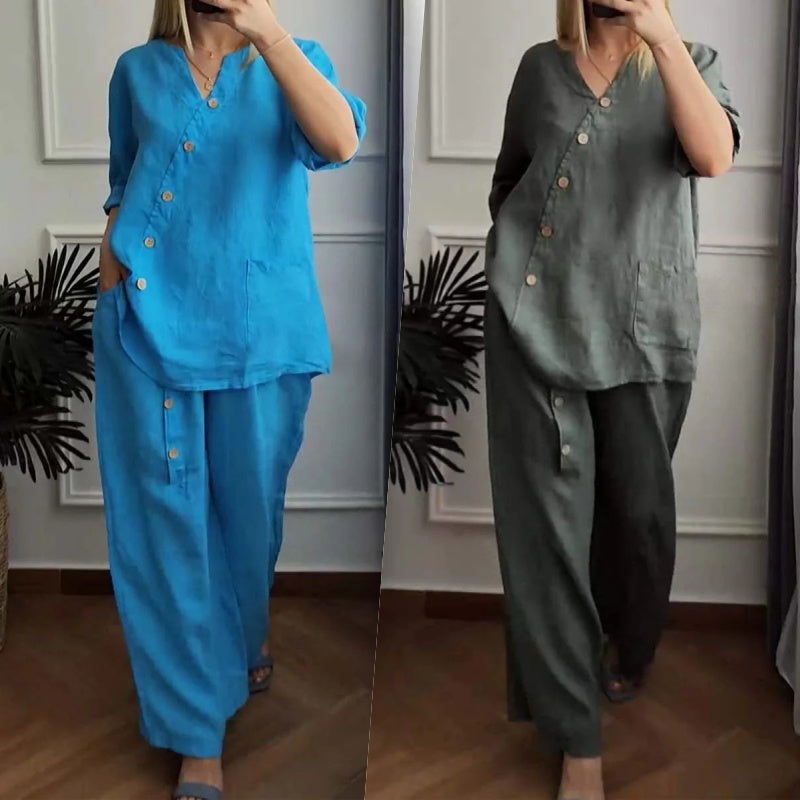 💥Women's Casual Loose 2-Piece Set with Chic Button Embellishment