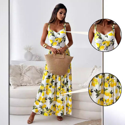 🍋Women’s Elegant Lemon Print Spaghetti Strap Flowy Long Dress
