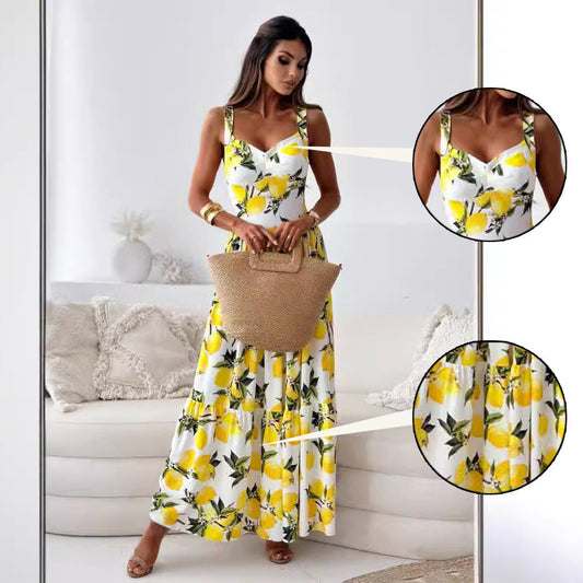 🍋Women’s Elegant Lemon Print Spaghetti Strap Flowy Long Dress