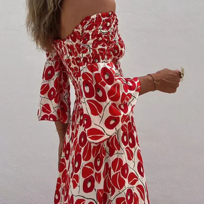Floral Open Shoulder Flared Sleeves Long Dress