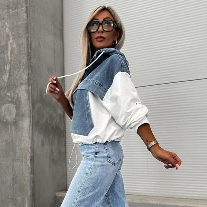 Women's Layered Hoodie Denim Jacket with Drawstring