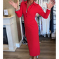 Women's Sexy Red Long Sleeve Lapel Dress