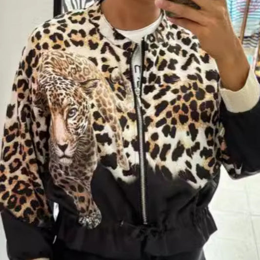 Women's Zipper Short Jacket with a Tiger & Leopard Print