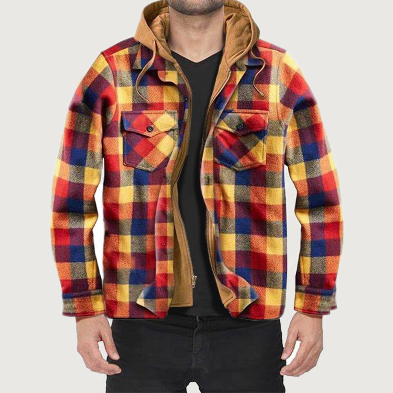Quilted lined plaid jacket with hood for men