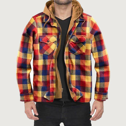 Quilted lined plaid jacket with hood for men