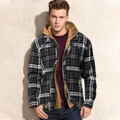 Quilted lined plaid jacket with hood for men