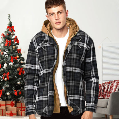 Quilted lined plaid jacket with hood for men