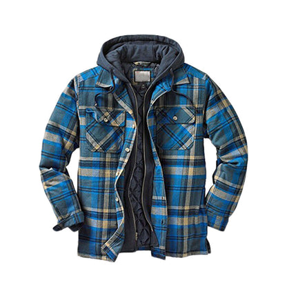 Quilted lined plaid jacket with hood for men