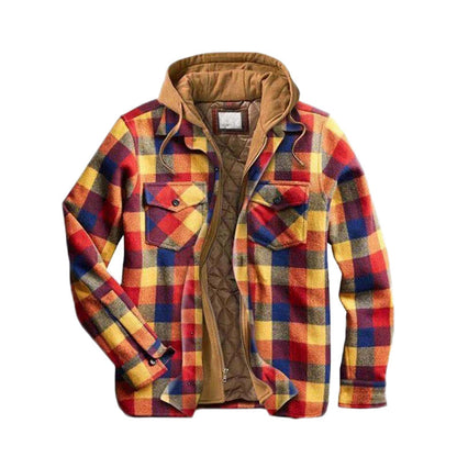 Quilted lined plaid jacket with hood for men