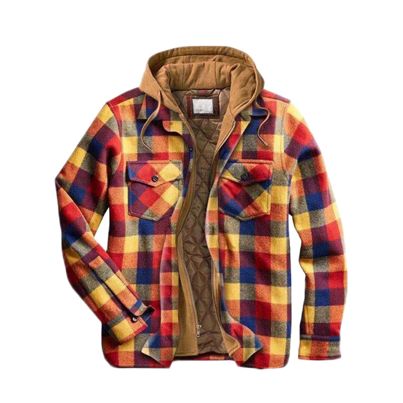 Quilted lined plaid jacket with hood for men