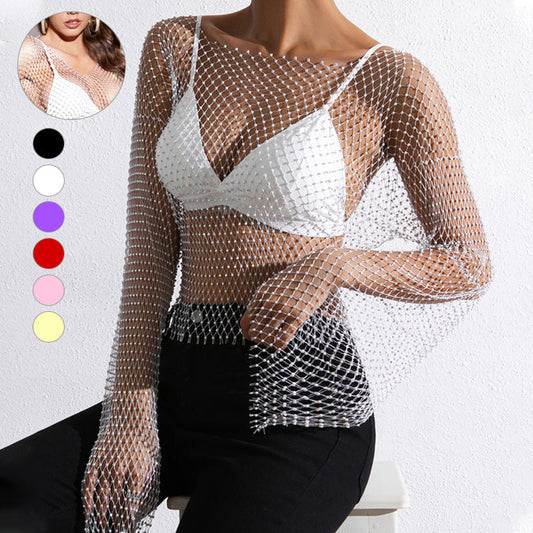 Women's Sexy Rhinestone Fishnet Crop Top