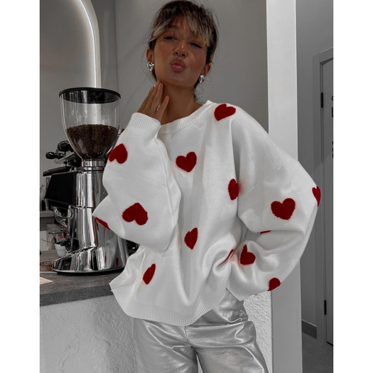 Fashionable Embroidered Heart Loose Round Neck Long Sleeve Knitted Sweater