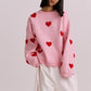 Fashionable Embroidered Heart Loose Round Neck Long Sleeve Knitted Sweater