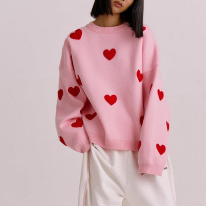 Fashionable Embroidered Heart Loose Round Neck Long Sleeve Knitted Sweater