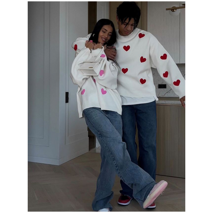 Fashionable Embroidered Heart Loose Round Neck Long Sleeve Knitted Sweater