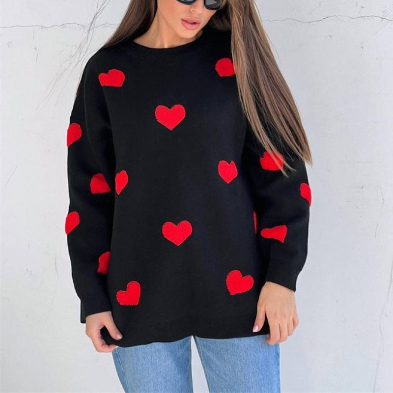Fashionable Embroidered Heart Loose Round Neck Long Sleeve Knitted Sweater