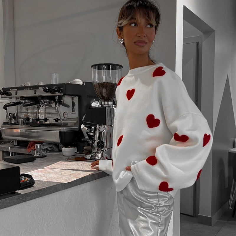 Fashionable Embroidered Heart Loose Round Neck Long Sleeve Knitted Sweater