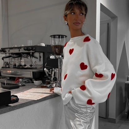 Fashionable Embroidered Heart Loose Round Neck Long Sleeve Knitted Sweater