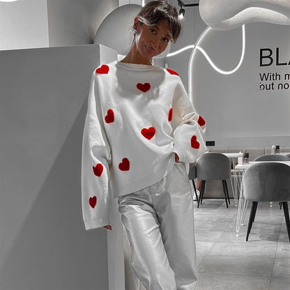 Fashionable Embroidered Heart Loose Round Neck Long Sleeve Knitted Sweater